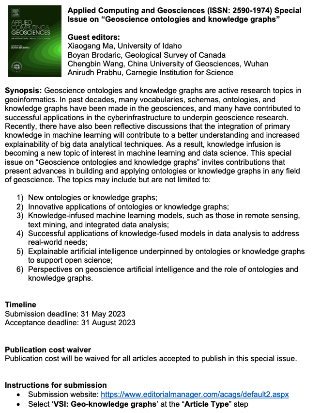 MarshallXMa's tweet photo. Special Issue on #Geoscience #ontology #KnowledgeGraph submission due 05/31/2023 Please help spread the word @wangcug @Anirudh_14 @IAMG_Math_Geo #geoinformatics #semanticweb #datascience @EarthDataHelp @ESSI_AGU @esipfed @gsageoinfo https://t.co/jVTwiyxWc1