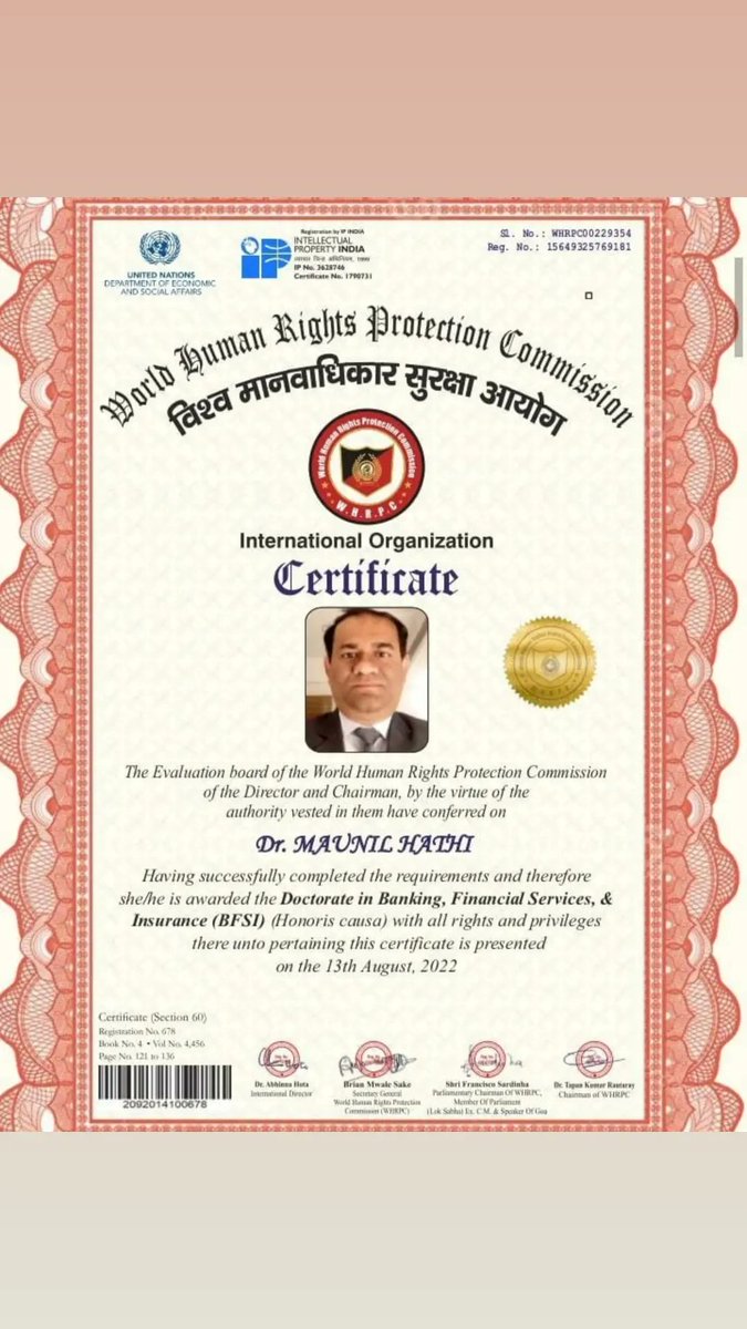 maunil2309's tweet photo. I am happy to share that the World Human Rights Protection Commission #WHRPC (Affiliated by the Government of India and the United Nations) Honouring and Awarding me with a Doctorate (Hons Causa) for contribution to Banking, Financial Services and Insurance (BFSI) https://t.co/oFCuEk7Lfm