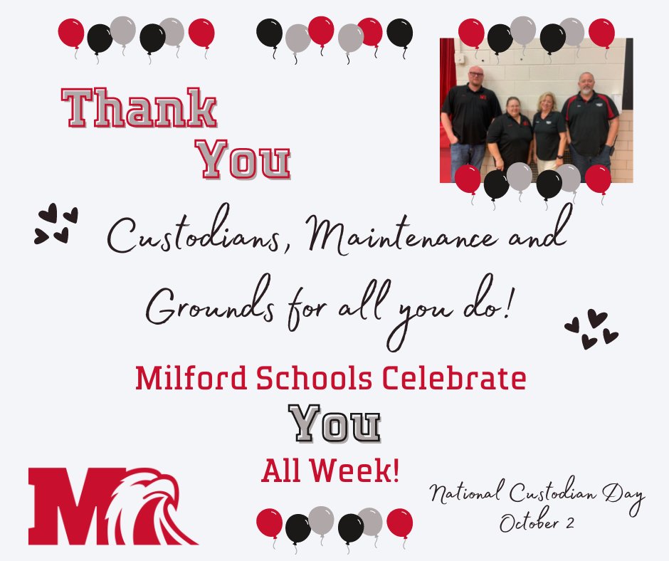 Thank you to our Custodians, Grounds and Maintenance Crews for the critical role you play in our students' lives and educations! #MilfordChasingSmiles