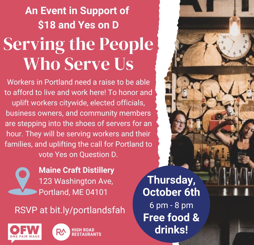 onefairwage's tweet photo. 📣 Join us for Server for an Hour in Portland, Maine this Thursday in support of Question D: $18 minimum wage with tips on top. Free food and drinks!
🗓RSVP: https://t.co/yrjaimhhEa
#portlandme #portlandmaine #yesond #questiond #raisethewage https://t.co/W8GHbWcIx8