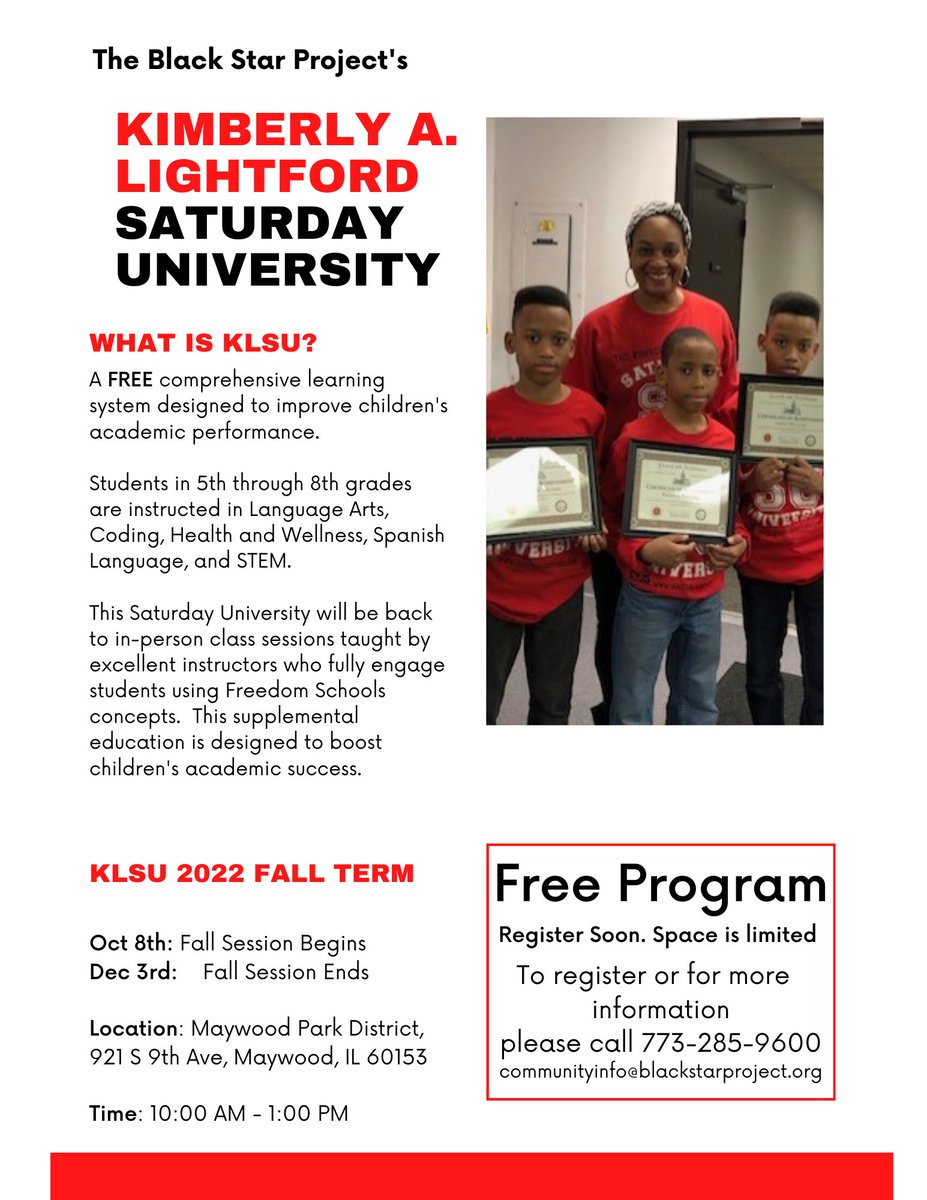 LLCoolK_4's tweet photo. There's still time to sign up for my Saturday University! Students in 5-8th grade can get extra help on language arts, coding, health and wellness, Spanish and STEM. Space is limited, so register soon by calling 773-285-9600. https://t.co/5EypvxFNBT
