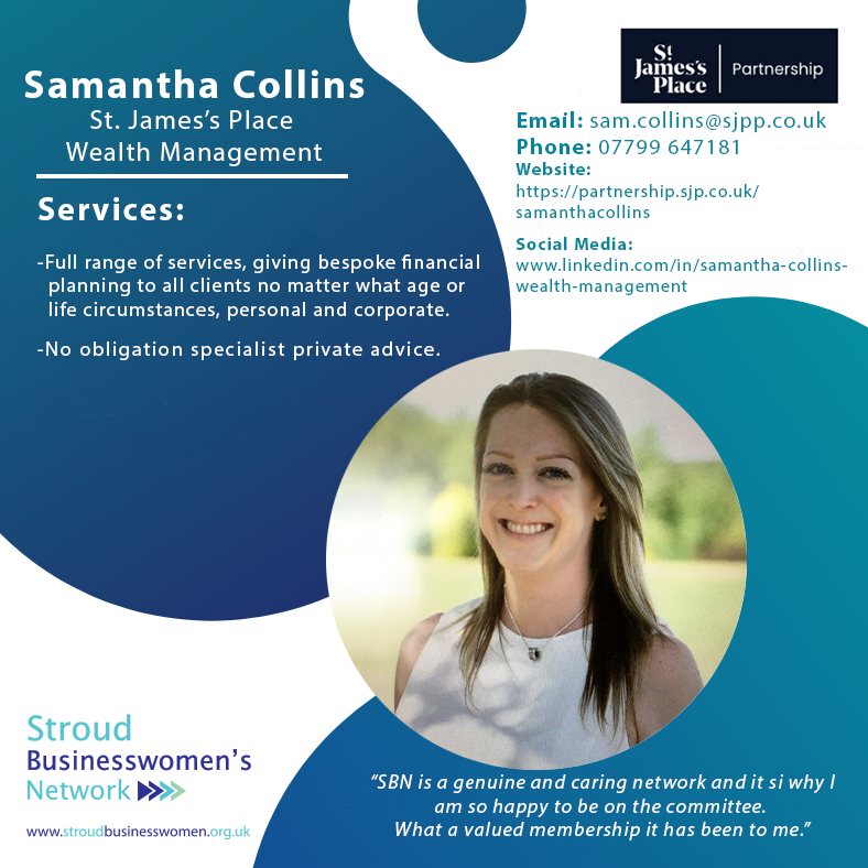 stroudbn's tweet photo. Celebrating SBN Members -Featuring, Samatha Collins from St. James's Place Wealth Management. Website: https://t.co/prVLEOy22a
#stroudnetworking #stroudbusinesswomensnetwork
#networking #womeninbusiness #stroud #glosbiz #StroudBiz #Gloucestershire #Cotswolds https://t.co/24plkmLLej