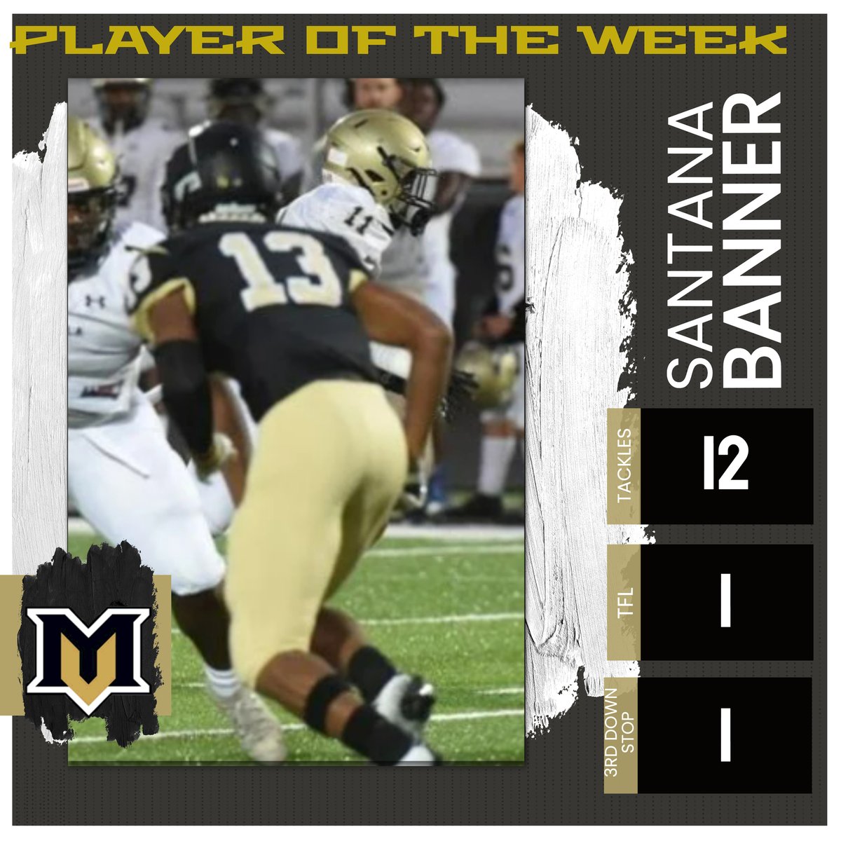 Mountain View Bears Football (@mvfootballbears) on Twitter photo Our Defensive Player of the Week vs. Dacula is Santana Banner! <a href="/BeansBanner13/">Santana A. Banner (Beans 🫘)</a> 12 total tackles, and a HUGE 3rd Down Stop. Congrats! Our Defensive Player of the Week vs. Dacula is Santana Banner! <a href="/BeansBanner13/">Santana A. Banner (Beans 🫘)</a> 12 total tackles, and a HUGE 3rd Down Stop. Congrats!