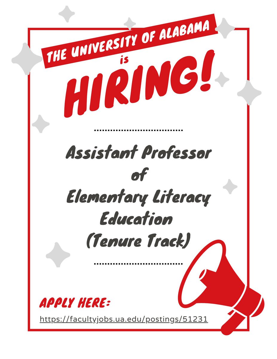 Dr. Kerch (@dr_kerch) on Twitter photo 📢 We are searching for a new literacy assistant professor.... could it be you? 📢
Read more here: facultyjobs.ua.edu/postings/51231
RT: <a href="/nellkduke/">Nell K. Duke</a> <a href="/TanyaSWright/">Tanya S. Wright</a> @drober36 <a href="/LouisaMoats/">Louisa Moats</a> <a href="/mjfildermanphd/">Marissa Filderman</a> <a href="/ILAToday/">ILA</a> <a href="/UFLiteracy/">UF Literacy Institute</a> <a href="/LRA_LitResearch/">Literacy Research Association</a> <a href="/AERADivisionK/">DivisionK</a> <a href="/AERADivCGrad/">AERA Div C Grad Student Council</a> <a href="/ua_idc/">Intercultural Diversity Center</a> 📢 We are searching for a new literacy assistant professor.... could it be you? 📢
Read more here: facultyjobs.ua.edu/postings/51231
RT: <a href="/nellkduke/">Nell K. Duke</a> <a href="/TanyaSWright/">Tanya S. Wright</a> @drober36 <a href="/LouisaMoats/">Louisa Moats</a> <a href="/mjfildermanphd/">Marissa Filderman</a> <a href="/ILAToday/">ILA</a> <a href="/UFLiteracy/">UF Literacy Institute</a> <a href="/LRA_LitResearch/">Literacy Research Association</a> <a href="/AERADivisionK/">DivisionK</a> <a href="/AERADivCGrad/">AERA Div C Grad Student Council</a> <a href="/ua_idc/">Intercultural Diversity Center</a>