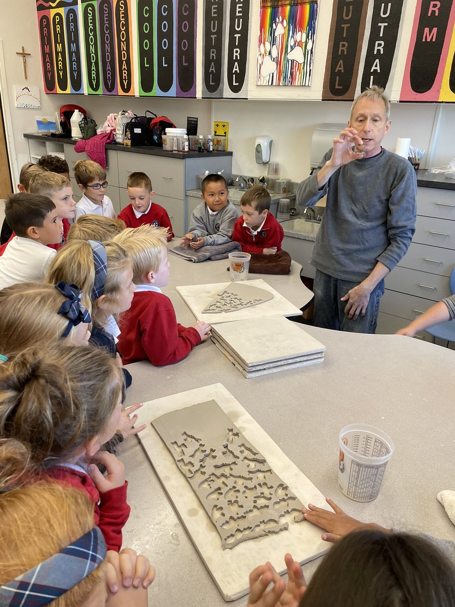 STJPanthersArt's tweet photo. Mr. Rick Hoffman from Covington Clay is visiting all week! He has our students so excited to learn about clay! Students will each get a chance to cut a tile out to be included in a mosaic which will hang in our school for years to come! https://t.co/iDw15z3ARx