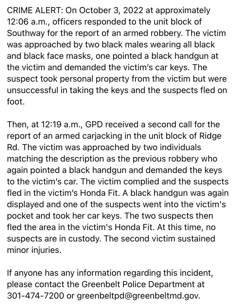 Greenbelt Police on Twitter "CRIME ALERT 10/3/22 Armed robbery and