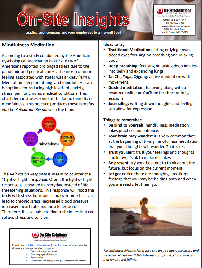 OnSitePT's tweet photo. It's time for more On-Site Insights! This month, we discuss Mindfulness and Meditation. The American Psychological Association in 2022 states, 81% of Americans reported prolonged stress issues.
Learn more at https://t.co/8zdRCfwpDu
#insight #OSSPT #mindfulness #meditation https://t.co/gPbP03ezIk