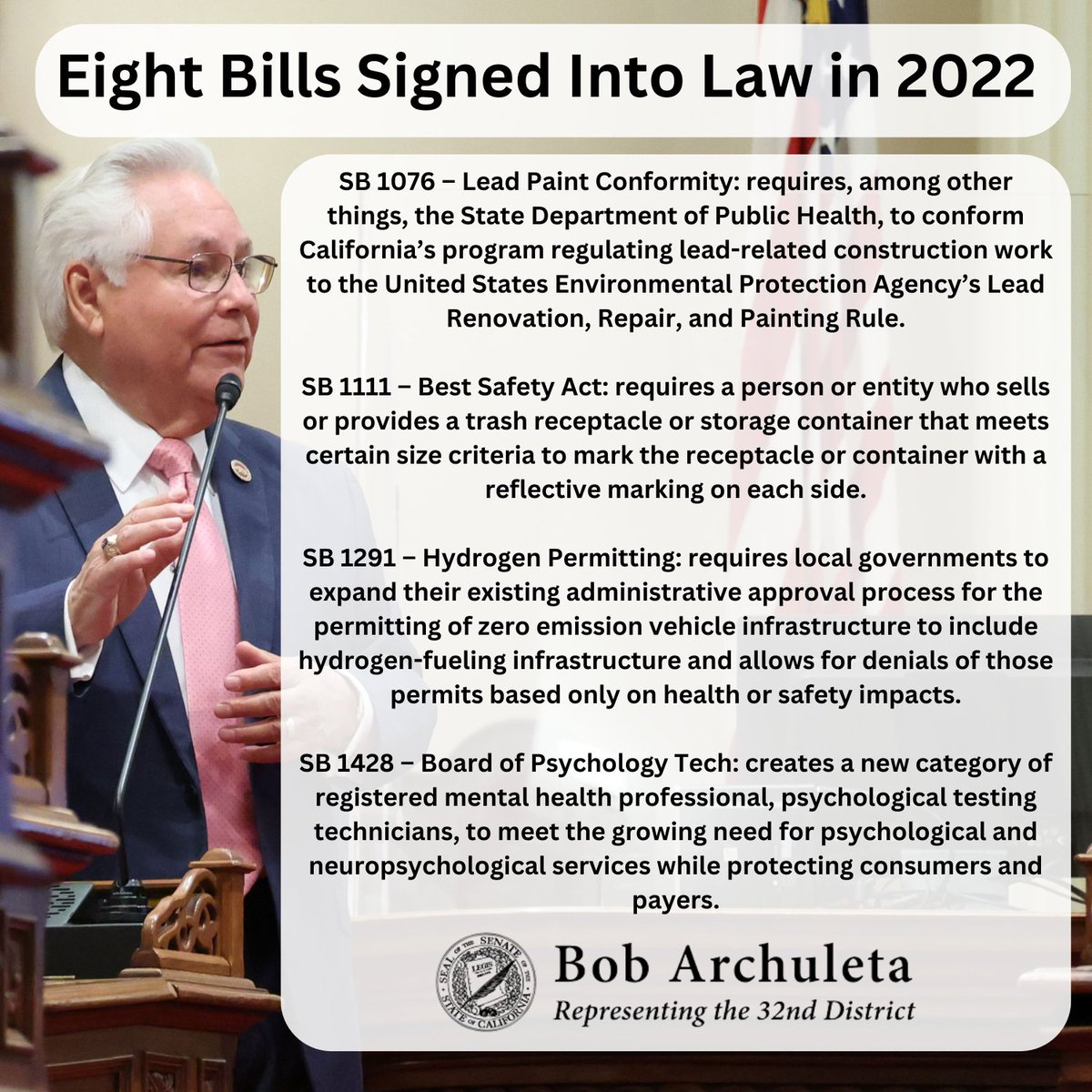 Senator Bob Archuleta (@senbobarchuleta) on Twitter photo I applaud <a href="/CAgovernor/">Governor Gavin Newsom</a> for signing eight of my bills into law that will improve #PublicSafety, increase #ZEV fuel sites for #HydrogenFuelCell cars, & help the households of active duty military servicemembers. Visit my website for info on #CALeg #BudgetWins sd32.senate.ca.gov/news/newsroom I applaud <a href="/CAgovernor/">Governor Gavin Newsom</a> for signing eight of my bills into law that will improve #PublicSafety, increase #ZEV fuel sites for #HydrogenFuelCell cars, & help the households of active duty military servicemembers. Visit my website for info on #CALeg #BudgetWins sd32.senate.ca.gov/news/newsroom