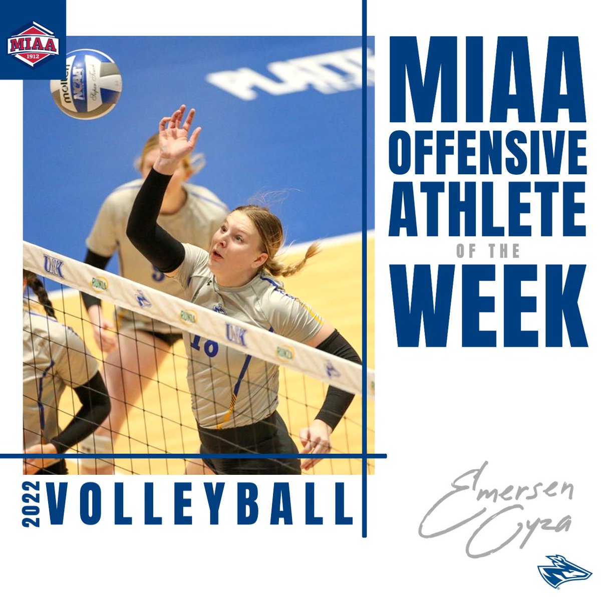 TheMIAA's tweet photo. 🆕 MIAA Volleyball Athletes of the Week🏐⤵️

@UNKvolleyball's Emersen Cyza has been selected as week six's Offensive Athlete of the Week👏

🔗| https://t.co/VvfgTjxNGc
#BringYourAGame https://t.co/1KuvLtDjWE