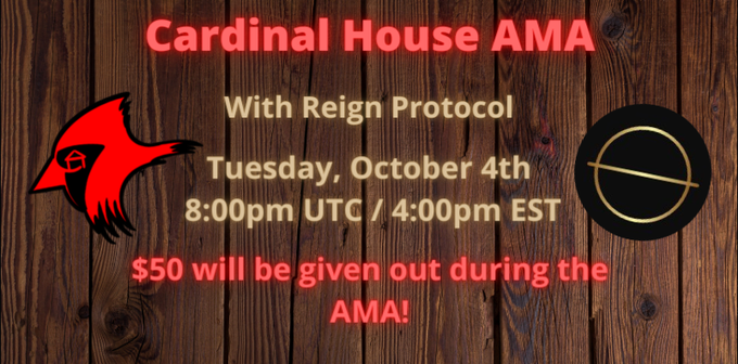 ReignProtocol's tweet photo. Reminder!

We have an upcoming AMA with Cardinal House!

Join us on Today, 4pm Eastern - we'll even be playing a little quiz game for a $50 prize!

You don't want to miss this one!

#letsmakeitreign #DeFi #BSC @CardinalHouse1 

Join their discord @ https://t.co/f9QKYdaWlJ https://t.co/fyzv73IzZ2