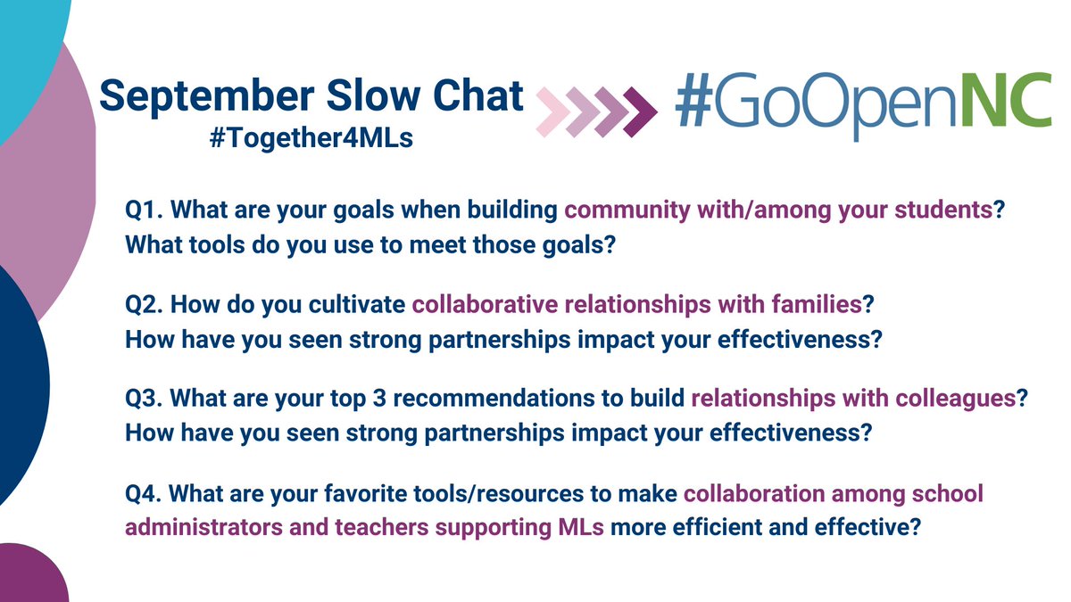 NCDPI_MLs's tweet photo. The #Together4MLs slow chat has resumed. Join the conversation by sharing your responses to one or more of the questions at https://t.co/v3pGz9h2DQ #NCMLs #NCEd #NCELD #Together4MLs https://t.co/ciBgeTnit0