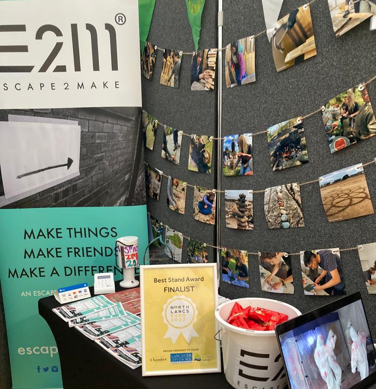Escape2Make's tweet photo. Wonderful exhibiting at @NorthLancs_Expo  Thanks to Daniel Barry from #NorthStarProjects for making it possible
Unexpected delight to be 1 of 3 finalists for the design of our exhibition stand! 
#GrowingLancashire #LancashireBusiness #LoveNorthLancs #NL_Expo #Escape2Make #E2M https://t.co/HQcjeUddAL