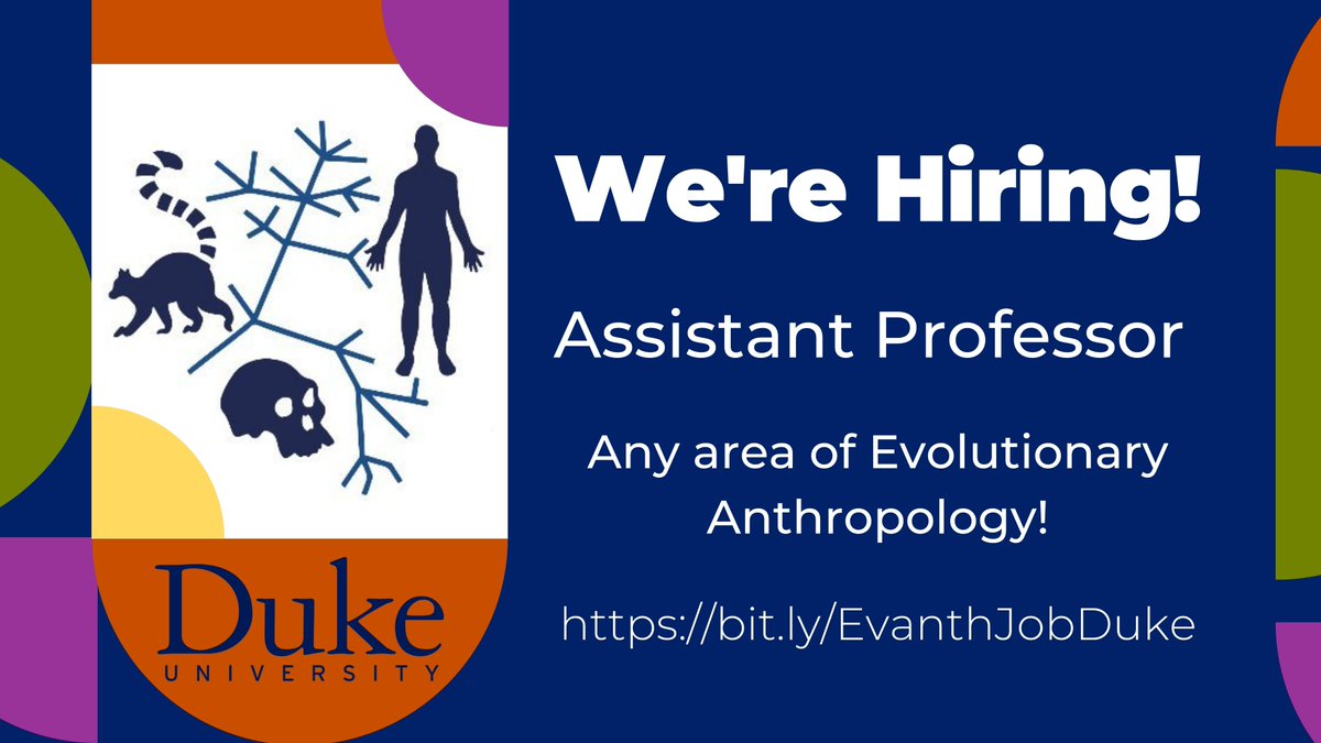 Want to chat with some of the world's top evolutionary anthropologists, meet amazing students, and play with puppies, all in a single hallway stroll? WE ARE HIRING! TT Assistant professor, any area of evolutionary anthropology. More info: bit.ly/EvanthJobDuke RT please!