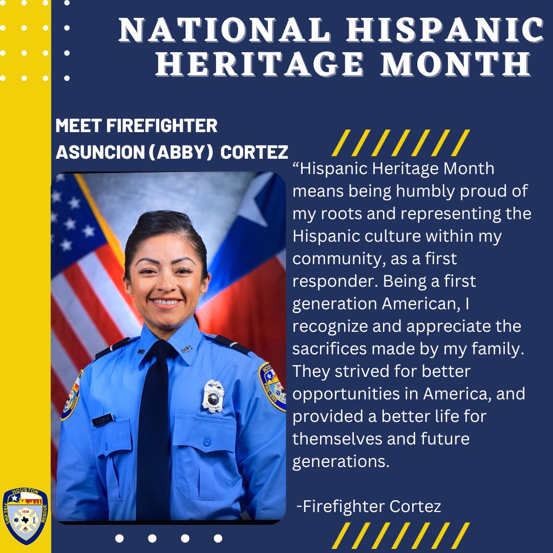 HoustonFire's tweet photo. When asked what #HispanicHeritageMonth meant to her, @HoustonFire Firefighter Cortez said, “…it means being humbly proud of my roots and representing the Hispanic culture within my community, as a first responder…” (full quote below). @FireChiefofHFD https://t.co/vRwBQeG78F