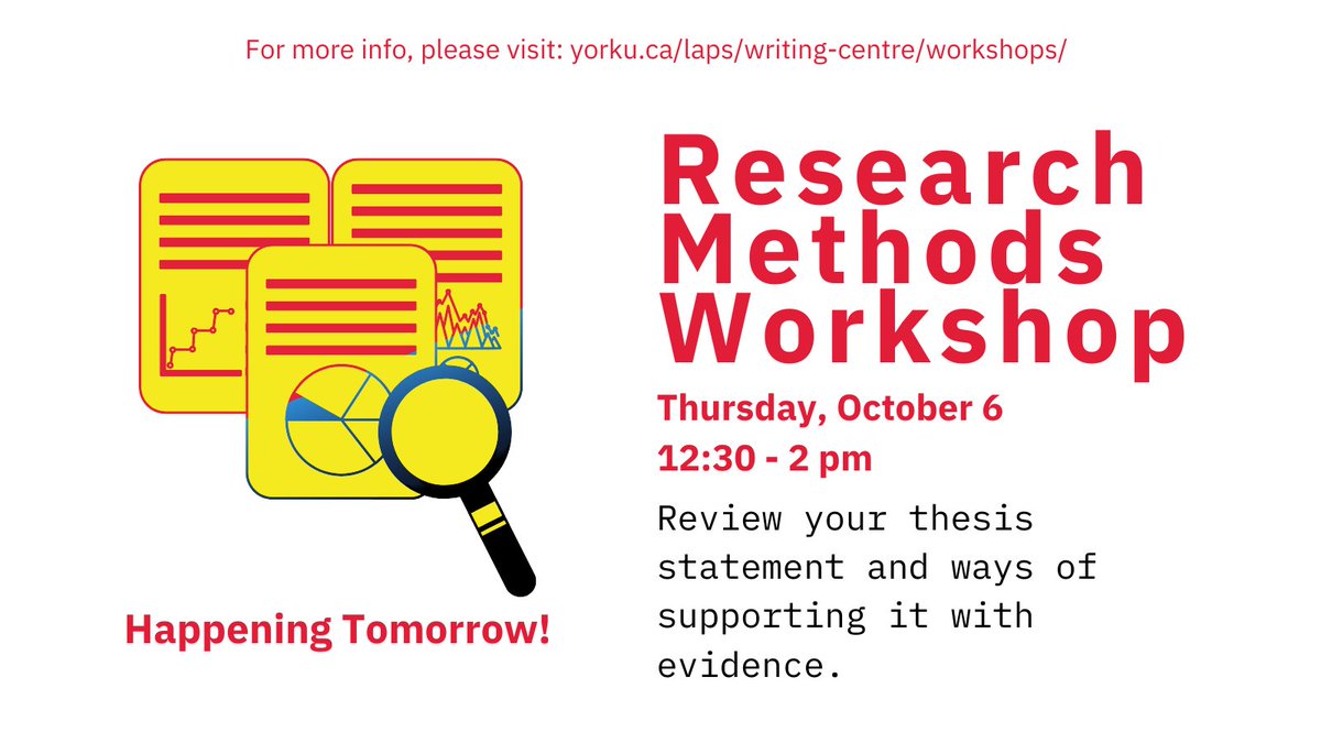 🔔 Workshop reminder! 🔔

Our Research methods workshop is happening tomorrow! This workshop is open to all #YorkU students! No Registration required #Research #Essay 
📌 Thursday, Oct. 6 12:30 - 2pm

To join our online workshop, please visit: ➡️​ yorku.ca/laps/writing-c…