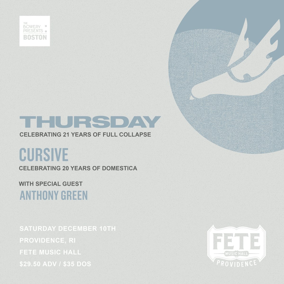 Fete Music Hall (@fetemusic) on Twitter photo Ingredients needed to make an epic show -
โ
Thursday playing Full Collapse
โ
<a href="/CursiveTheBand/">Cursive</a> playing Domestica
โ
<a href="/anthonygreen/">anthony green (he/him)</a>
FMH & <a href="/boweryboston/">Bowery Boston</a> are excited to announce
<a href="/thursdayband/">thursdayband</a> Presents Full Collapse x Domestica! right here in Olnyville!
Tickets go on sale Friday! Ingredients needed to make an epic show -
โ
Thursday playing Full Collapse
โ
<a href="/CursiveTheBand/">Cursive</a> playing Domestica
โ
<a href="/anthonygreen/">anthony green (he/him)</a>
FMH & <a href="/boweryboston/">Bowery Boston</a> are excited to announce
<a href="/thursdayband/">thursdayband</a> Presents Full Collapse x Domestica! right here in Olnyville!
Tickets go on sale Friday!
