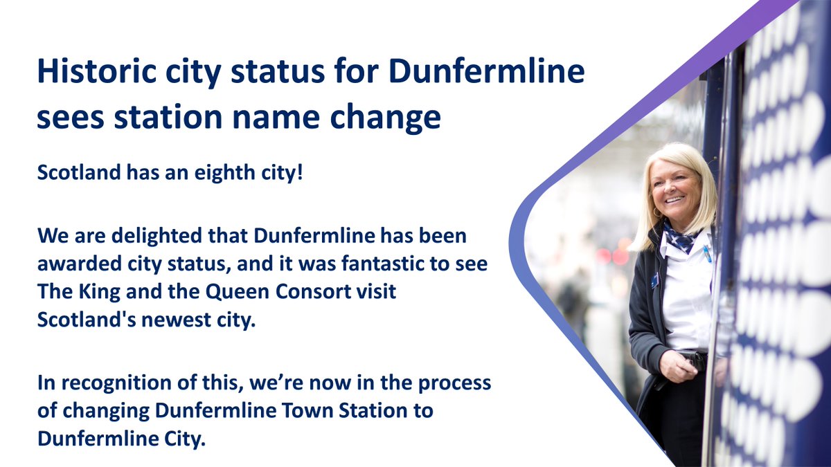 I am delighted that Dunfermline Town station will be renamed by @ScotRail as Dunfermline City - so that everyone arriving &amp; leaving by rail knows that Dunfermline is a city again. @S_A_Somerville @DougChapmanSNP 
