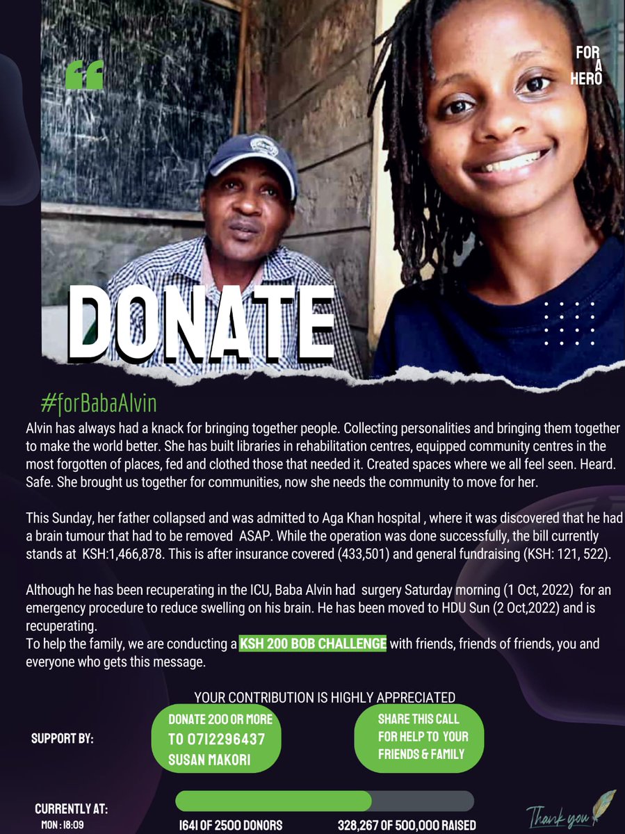 BrotherTiggy's tweet photo. “Help can be little, but it goes longer than you can age; you can save someone who will save you tomorrow.” ― Daniel Oluwaseun

Help @alvin_rita pay #forBabaAlvin's medical bill @AKUHNairobi

Please send Kshs. 200 to Susan Makori 0712 296 437

Elon Westlands #KenyaVsUganda https://t.co/klFW4hqmJ9