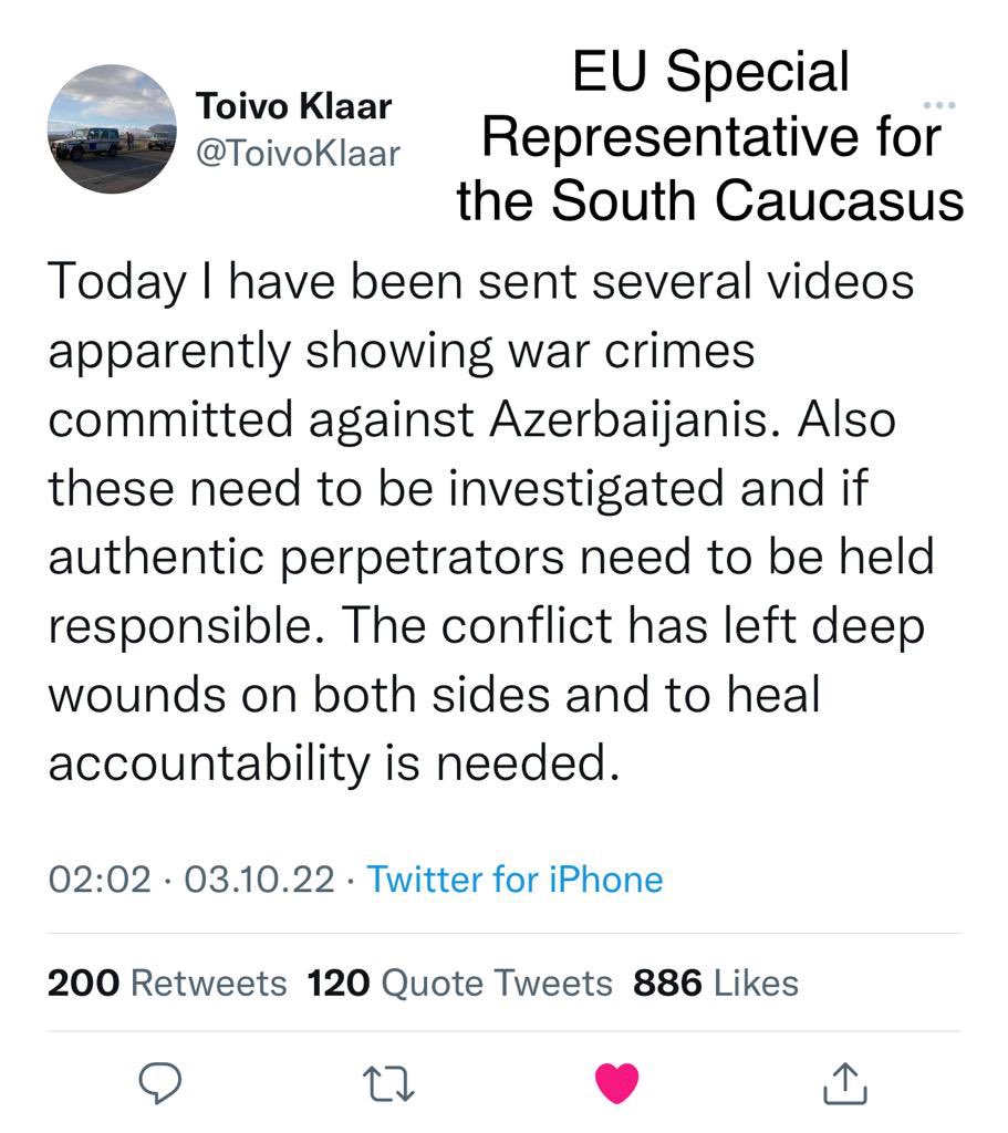 axmdli's tweet photo. @StateDeptSpox Ned, before to call for an impartial investigation your government itself should be impartial. You can not convince me that you have not heard about the recent Armenian war crimes against Azerbaijani soldiers. https://t.co/BuTNvfSXOI