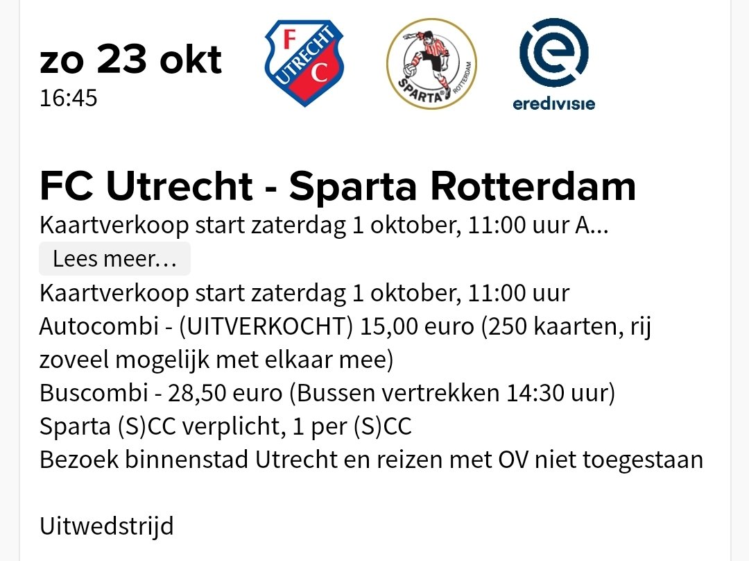 UPDATE FC UTRECHT-UIT:
BUS 34 (nog 216 te koop) en AUTO 250 (UITVERKOCHT), totaal 284 tot nu toe. Verkoop via spartakaartje.nl en in de fanshop. #utrspa