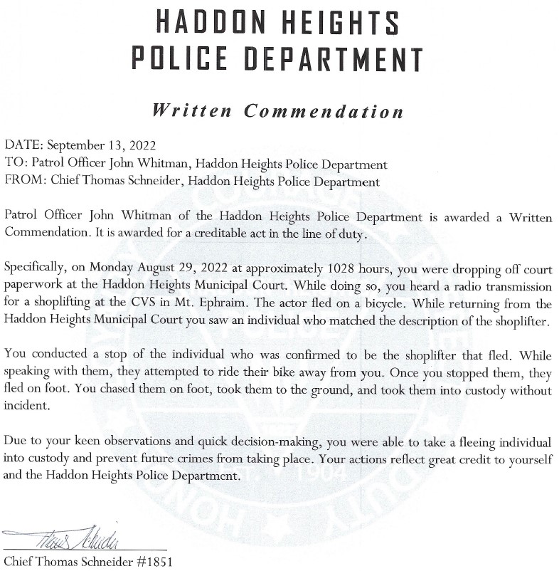 On September 13, 2022 Chief Thomas Schneider awarded Patrol Officer Hagenbucher, Patrol Officer Whitman, and Patrol Officer Mckeown with written commendations for their work on three separate cases in July, August, and September. Congratulations to all the officers!
