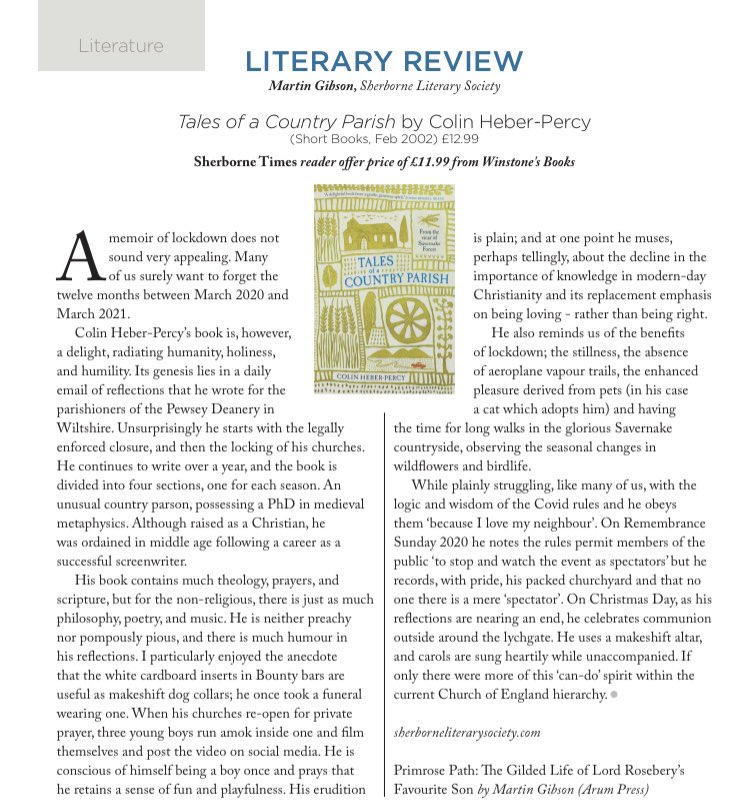 Sherborne Lit Soc (@sherlitfest) on Twitter photo Colin Heber-Percy’s book, ‘Tales of a Country Parish’, is a delight, radiating humanity, holiness,
and humility.
Colin will be talking at our Words With Wine event tomorrow, tickets <a href="/winstonebooks/">Winstone Books Sherborne</a> or on the door, 7pm at the Raleigh Hall, Digby Road. Colin Heber-Percy’s book, ‘Tales of a Country Parish’, is a delight, radiating humanity, holiness,
and humility.
Colin will be talking at our Words With Wine event tomorrow, tickets <a href="/winstonebooks/">Winstone Books Sherborne</a> or on the door, 7pm at the Raleigh Hall, Digby Road.