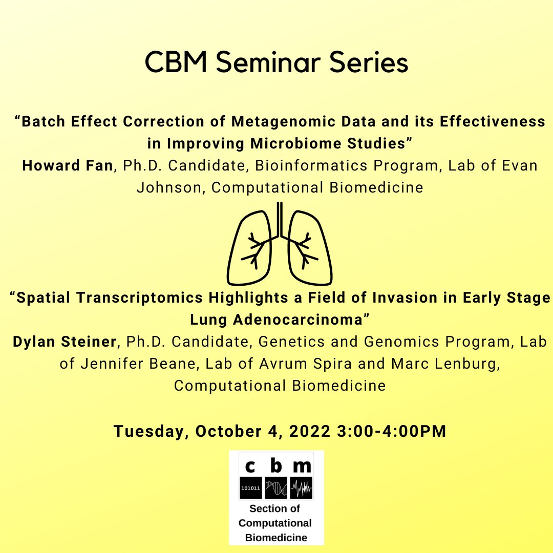 BU CompBioMed (@bu_cbm) on Twitter photo Don't miss tomorrow's CBM seminar, featuring students from the Johnson, Beane and Spira-Lenburg labs! See below for more details. The seminar will take place in Evans 605. <a href="/wejlab/">W. Evan Johnson</a> <a href="/avispira/">avi spira</a> <a href="/BUMedicine/">Boston U Chobanian & Avedisian School of Medicine</a> <a href="/BUbioinfo/">BU Bioinformatics</a> Don't miss tomorrow's CBM seminar, featuring students from the Johnson, Beane and Spira-Lenburg labs! See below for more details. The seminar will take place in Evans 605. <a href="/wejlab/">W. Evan Johnson</a> <a href="/avispira/">avi spira</a> <a href="/BUMedicine/">Boston U Chobanian & Avedisian School of Medicine</a> <a href="/BUbioinfo/">BU Bioinformatics</a>