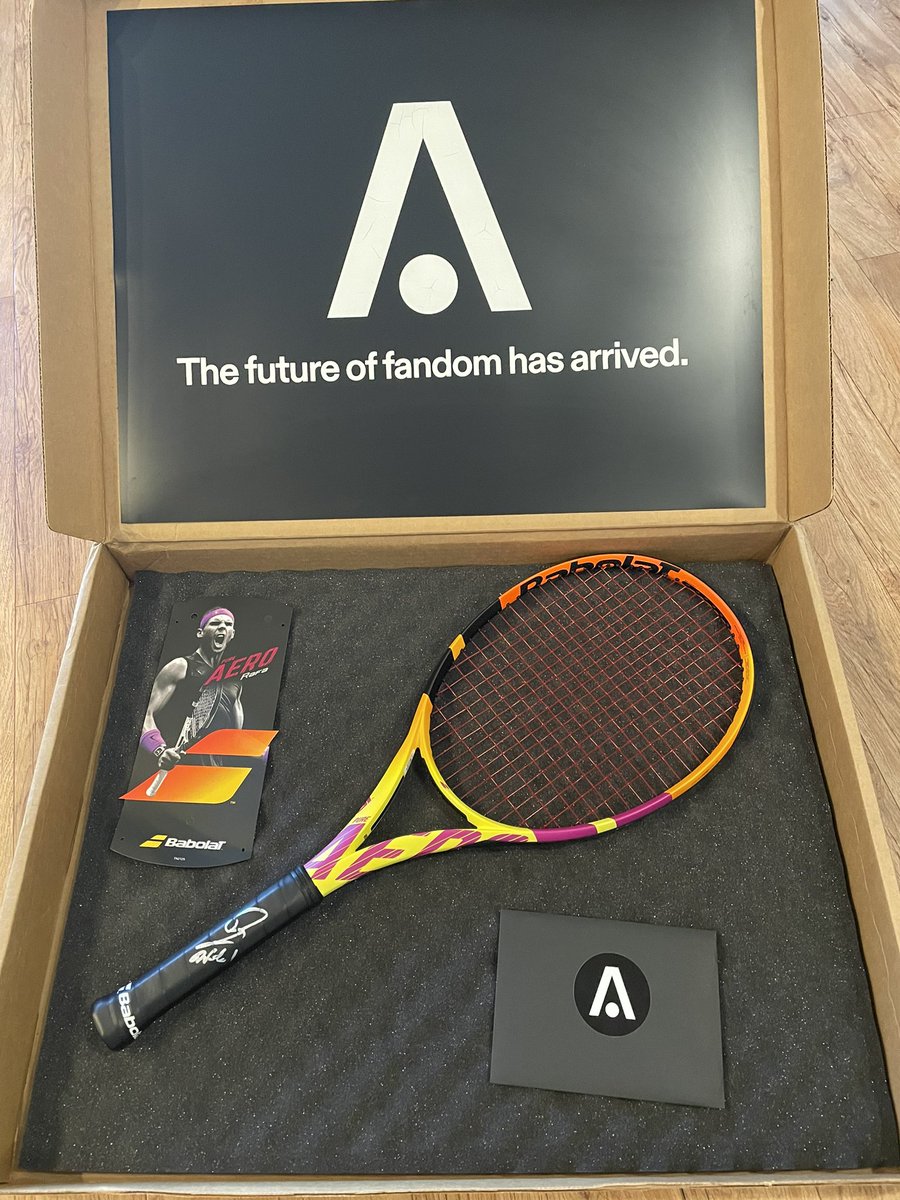 SmStevens1979's tweet photo. I have to say @Autograph hit this one out of the park! I received my signed @RafaelNadal racquet today. Autograph did these with string colour to match Rafa’s signature on the nft. One of 3 Roland Garros red for me. LFG! https://t.co/TpZ4yIEj8U