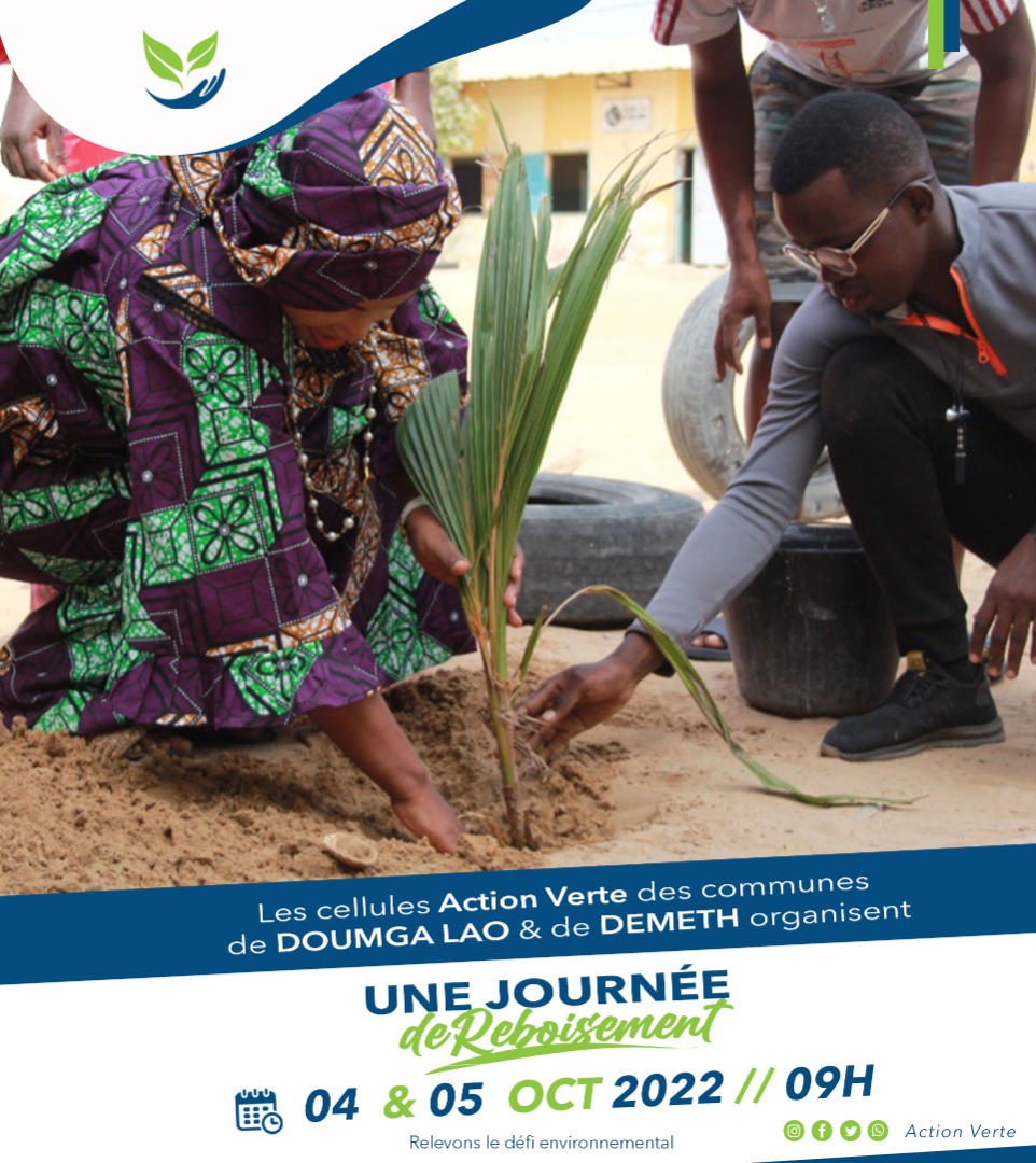Action Verte (@VerteAction) on Twitter photo 2022-10-03 18:55:22 Hello ! Nous revenons en force en ce début du mois d'octobre . Cap sur la zone Nord du Sénégal avec les cellules Action verte des communes de Doumga Lao et Demeth qui organisent une journée de Reboisement le 04 et le 05 octobre 2022 à partir de 09H. #ClimateEmergency Hello ! Nous revenons en force en ce début du mois d'octobre . Cap sur la zone Nord du Sénégal avec les cellules Action verte des communes de Doumga Lao et Demeth qui organisent une journée de Reboisement le 04 et le 05 octobre 2022 à partir de 09H. #ClimateEmergency
