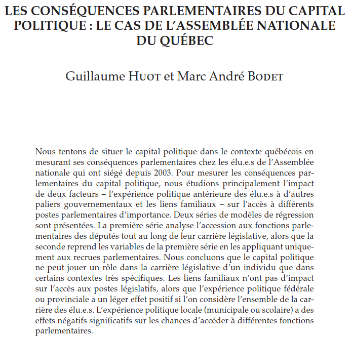 guihuot45's tweet photo. Très fier de publier mon premier article scientifique dans Recherches Sociographiques sur les conséquences parlementaires du capital politique à l'@AssnatQc. Merci à @marcabodet pour tout. @pol_ulaval https://t.co/XPmZs1fxwr