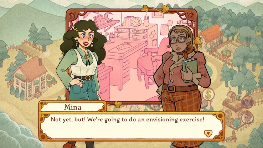Screenshot of Witchy Life. The main character says "Not yet, but! We're going to do an envisioning exercise!"