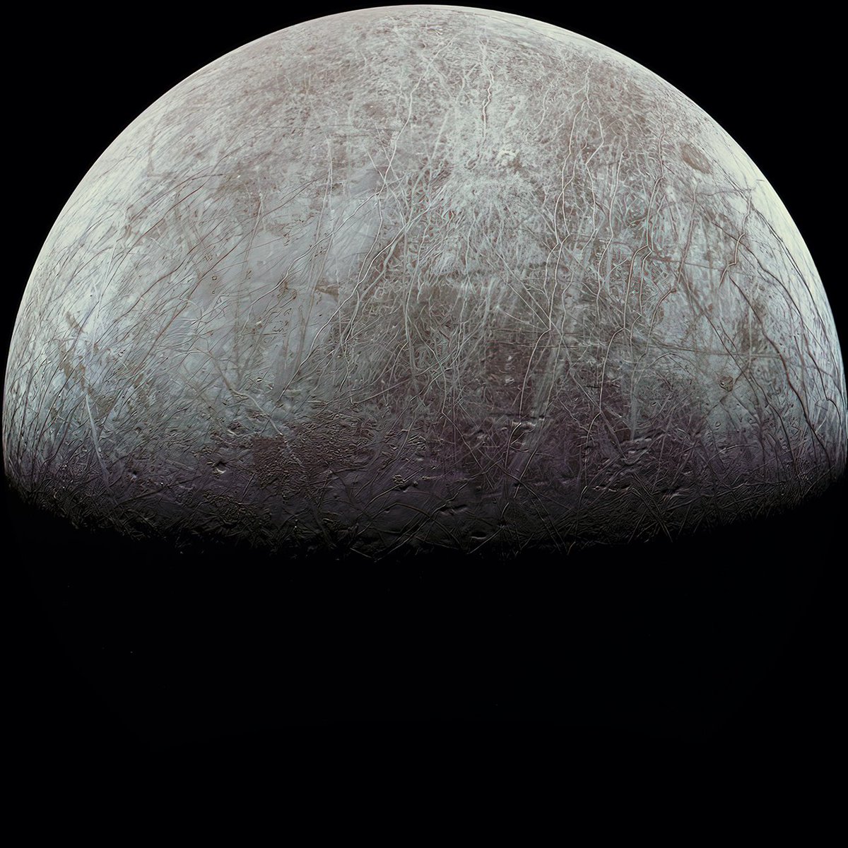 Astropartigirl's tweet photo. I finally got around to processing this amazing view of Europa, taken by @NASAJuno on September 29, 2022!!   It's one of my favorite moons in the solar system for its giant body of water beneath its icy crust that could host life. What a beautiful world. https://t.co/Xix4FYemuc