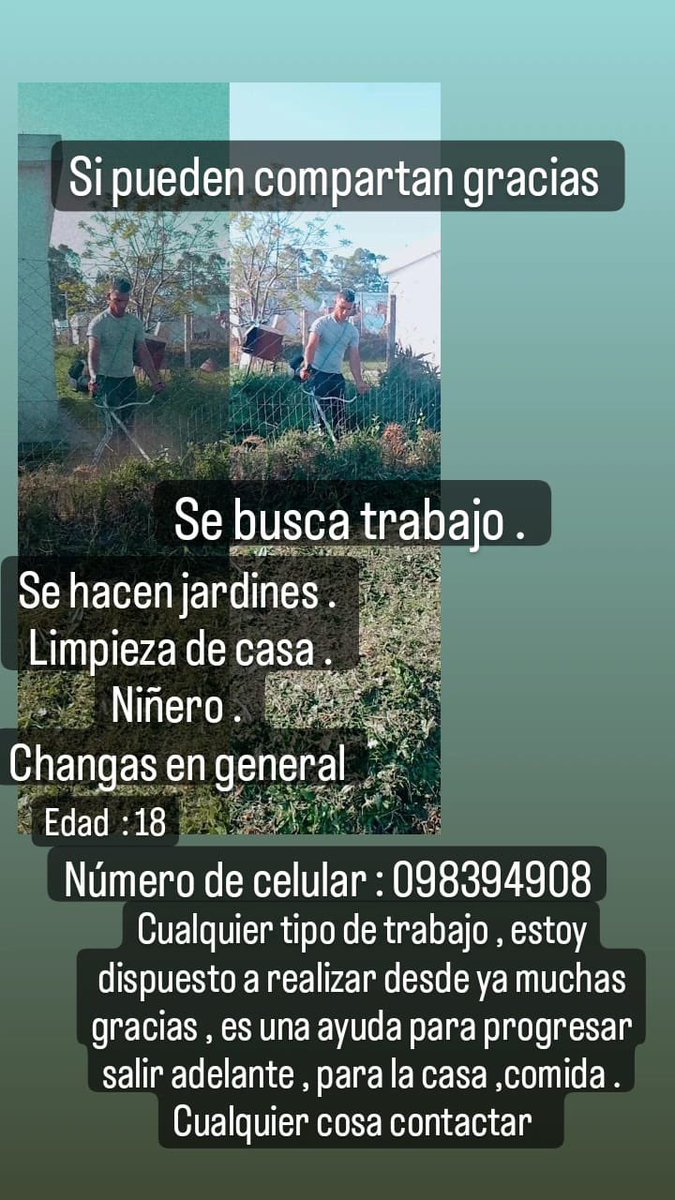 Querid@s.

Les comparto el flyer de Nico, mi ahijado del Asentamiento Nuevo Comienzo.

La | El que pueda, le da una mano ta?

Gracias !