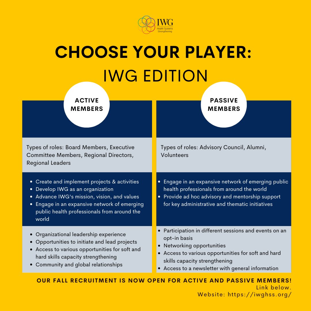 iwgforhss's tweet photo. The IWG has started our Fall Recruitment cycle. We are looking for our newest cohort of emerging changemakers and leaders committed to health systems strengthening, and that could be YOU!
 
Apply now: https://t.co/a9MBagAIPb https://t.co/3qADrN6XBB