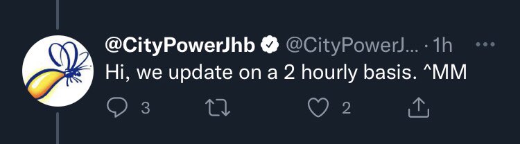 KerryMFoley1's tweet photo. @CityPowerJhb you have stated on a different thread that you update on a “2 hourly basis”. Update for Greenside &amp; Parkhurst overdue. https://t.co/zmzNkyMRPY