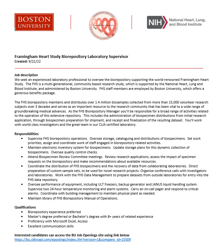 Job opportunity: Framingham Heart Study Biorepository Laboratory Supervisor Interested candidates can access the BU Job Openings site using the link below bu.silkroad.com/epostings/inde…