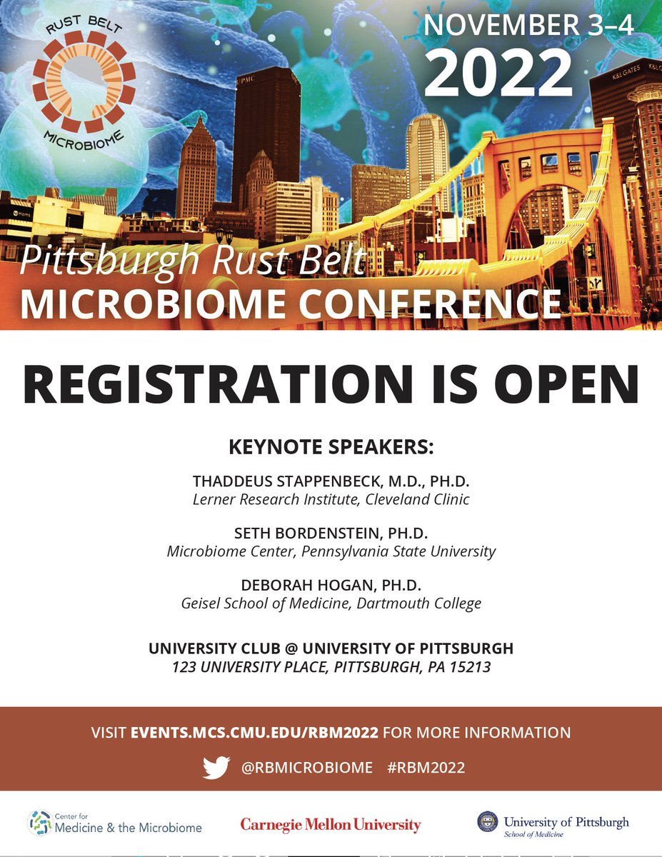 #RBM2022 is only a month away! I'm looking forward to exciting talks on microbiome &amp; pathogenesis <a href="/CmuScience/">CMU Mellon College of Science</a> and Center for Microbiome and Medicine <a href="/PittHealthSci/">Pitt Health Sciences</a>.