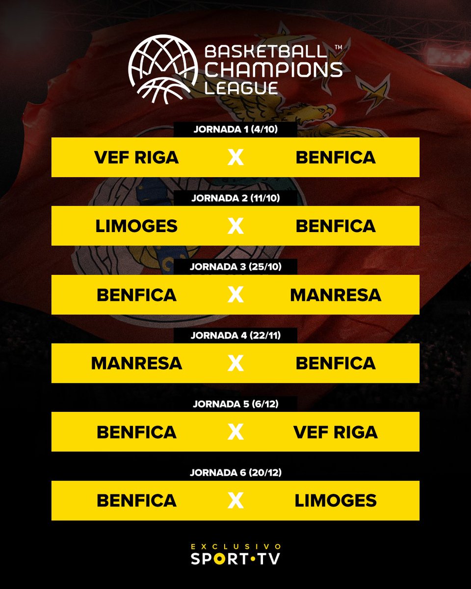 sporttvportugal's tweet photo. Primeiro jogo é já amanhã!  🤩 Se acreditas na vitória do @SLBenfica mete 🙌

📌 VEF Riga x Benfica, esta terça, às 17h00, na SPORT.TV1.

#sporttvportugal #BCLnaSPORTTV #basketball #FIBA #BasketballCL #slbenfica #benfica #slb https://t.co/VvbN3ut6OP