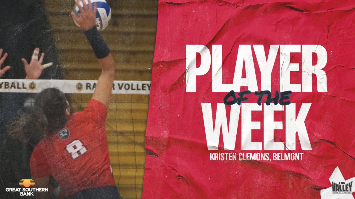 Missouri Valley Conference (@mvcsports) on Twitter photo Player of the Week ⫸ Kristen Clemons, <a href="/BelmontVB/">Belmont Volleyball</a>
▪️ Led Bruins to 3-0 record with 44 kills and a .395 hitting%
▪️ Averaged 3.67 kills/set and 4.38 points/set with six total blocks.
Great Southern Bank | #TheValleyRunsDeep Player of the Week ⫸ Kristen Clemons, <a href="/BelmontVB/">Belmont Volleyball</a>
▪️ Led Bruins to 3-0 record with 44 kills and a .395 hitting%
▪️ Averaged 3.67 kills/set and 4.38 points/set with six total blocks.
Great Southern Bank | #TheValleyRunsDeep