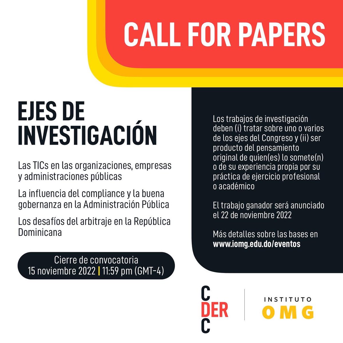 InstitutoOMG's tweet photo. Te invitamos a participar en la 1ra. Convocatoria a Call for Papers del #CDERC.

Para la realización de tu trabajo de investigación debes tomar en cuenta los requerimientos y las bases de participación: 💻 https://t.co/8C9LzwZkJe.

#Derecho #InstitutoOMG #IOMG https://t.co/tDzeyj0fkS