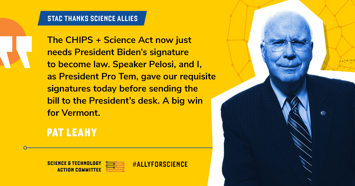 SciTechAction's tweet photo. Thank you @SenatorLeahy for your work on the passage of the CHIPS and Science Act and for your continued support to ensure that these bills get fully funded so they can fully deliver for the American people! #AllyForScience https://t.co/9slfUdiw2u https://t.co/4gffGmB9OD