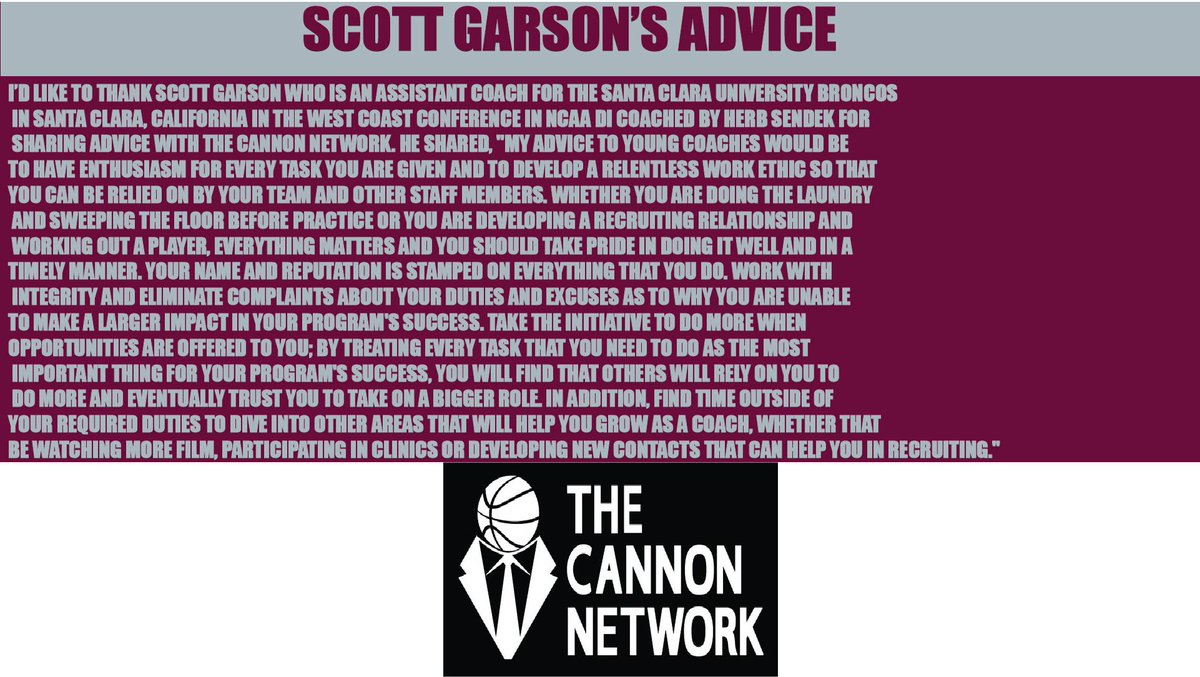 Thank you to @Scottgarson of @SantaClaraHoops @SCUBroncos @SantaClaraUniv for sharing #advice with @Cannon_Network thecannonnetwork.com #basketball #SantaClaraUniversity #SantaClaraBroncos #SantaClara #California #WestCoastConference #NCAADI #TheCannonNetwork
