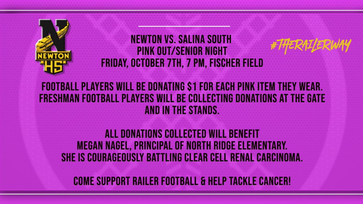Newton HS football Pink Out/Senior Night this Friday vs. Salina South at 7pm, Fischer Field.  <a href="/CarlyStavola/">Carly Stavola</a> <a href="/NewtonSchoolsKS/">Newton Schools</a> <a href="/GoRailers/">Newton Athletics</a> <a href="/RailerBoosters/">Newton Railers Booster Club</a> <a href="/NewtonHSKS/">Newton High School</a>  <a href="/ironhammer/">Tad Remsberg</a> <a href="/we2309/">Sheila Wendling</a> <a href="/fvanranken/">fvanranken</a>