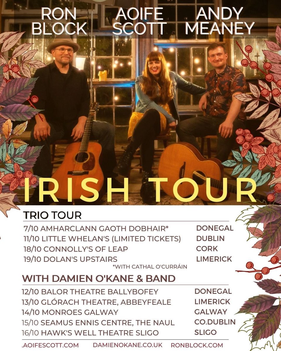 I'm so excited to announce an Irish tour with <a href="/RonBlockAKUS/">Ron Block</a>  this October!
This includes shows in Donegal, Limerick, Cork and DUBLIN! -  a very intimate show in the new venue in Whelan's  - very limited tickets available so make sure to get them quick!
