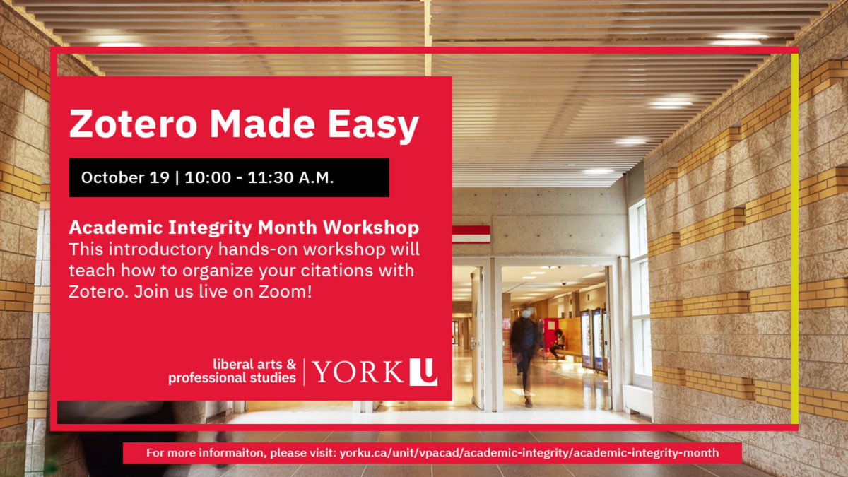 For #AcademicIntegrity month, the Writing Centre will host a #Zotero workshop where our writing experts will teach ways of organizing #citations using this software
📌 Oct. 19: 10:00-11:30 am

For more information, please visit:➡ yorku.ca/unit/vpacad/ac…