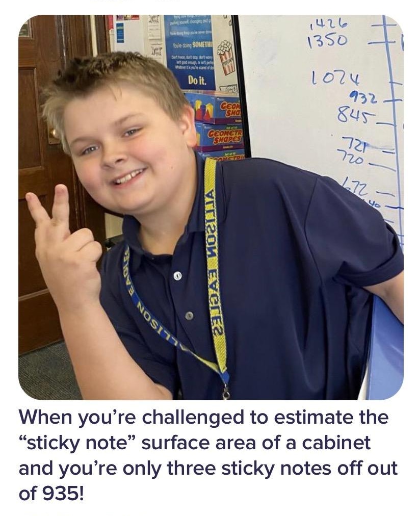 AllisonUSD259's tweet photo. 🎉Congratulations to Ely! He won Mrs. Kemp's sticky note surface area challenge! 😜
#ThatMomentWhen #MuchMath https://t.co/a8LIu7zDyC