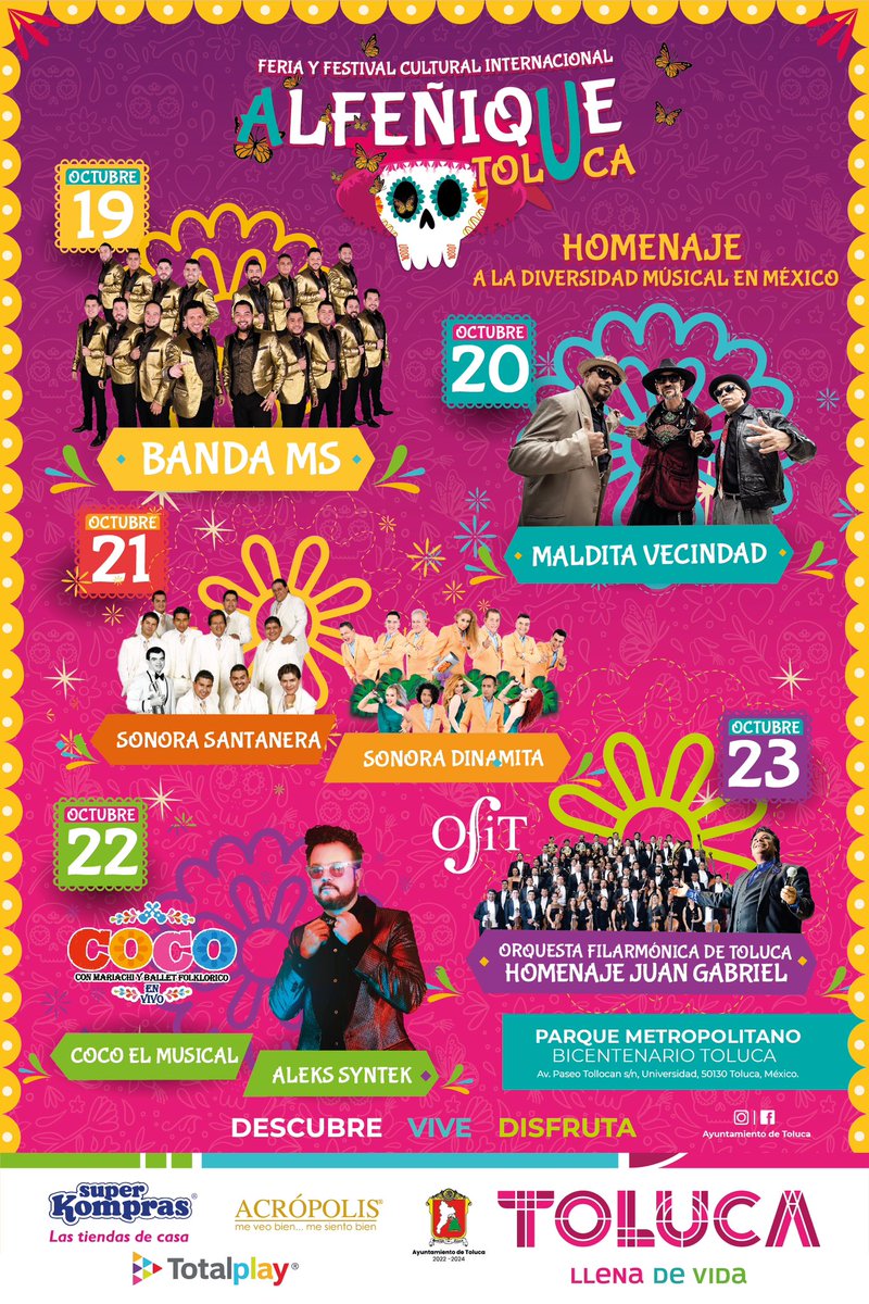 Les comparto el cartel de los artistas que se estarán presentado en nuestra Feria y Festival #Alfeñique2022 del 19 al 23 de Octubre en el Parque Metropolitano. 

El registro de boletos empezará a partir del 10 de Octubre.
Consulta nuestro programa en: www2.toluca.gob.mx/alfenique-tolu…