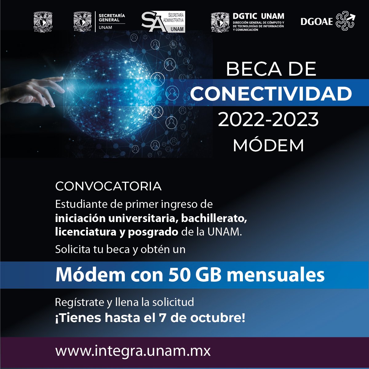 Integrantes de la #ComunidadUNAM que no cuenten conexión a internet para el desarrollo de sus actividades académicas ¡Ya está abierta la Convocatoria Beca de Conectividad 2022 - 2023 Módem!

Conoce los requisitos y más información en ow.ly/I3IG50KZZcP

¡Participa!