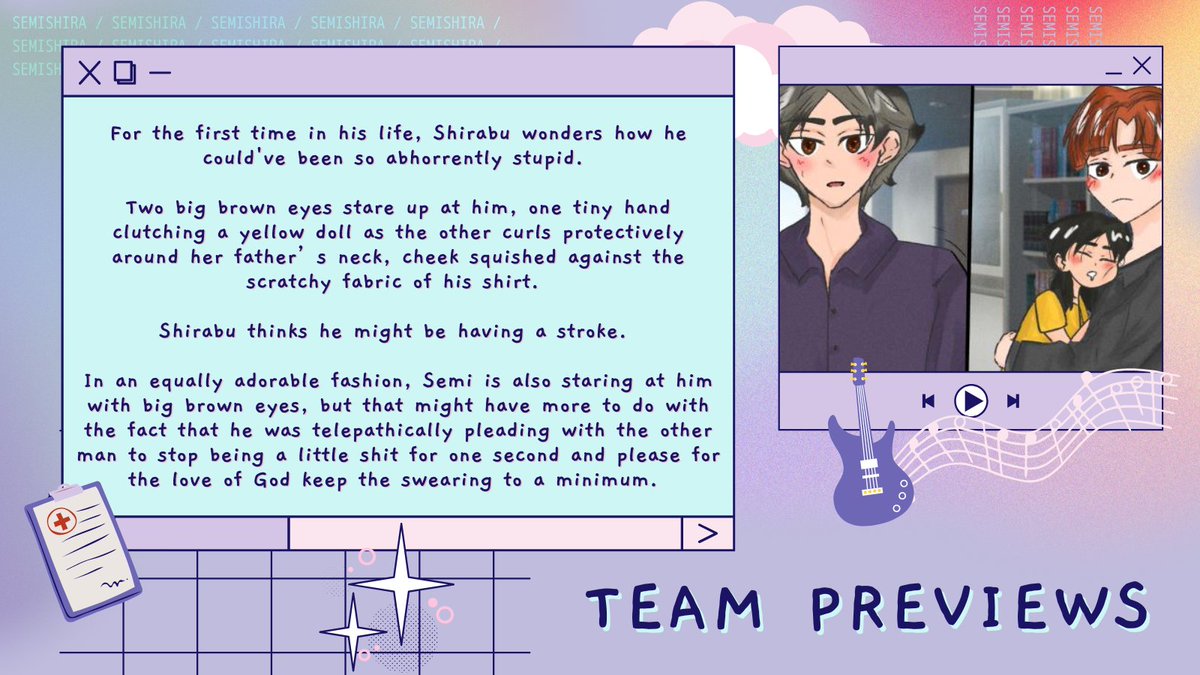 smshrbigbang's tweet photo. semi's world revolved around his daughter, though only a handful of friends knew about her.

shirabu, who had convinced himself that his growing feelings towards his coworker were hatred, most certainly didn't know.

writer: @sunshine_maknae
artist: @febartsyy
beta: @quinnxotry https://t.co/yOEKPzVXNn