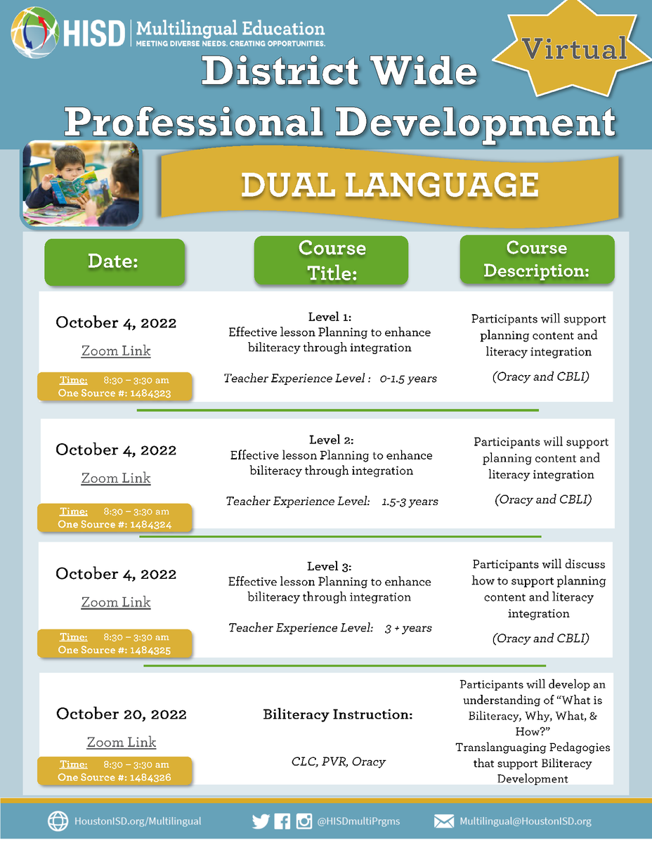 RebeccaConchos's tweet photo. Finalizing your training opportunities for tomorrow? Don't miss out on these Dual Language planning sessions with Dr. Mercuri's team! @HISDMultiPrgms @Coop_Eagles @wainwrightelem 

There's also a great training on 10/20 for teachers! https://t.co/1j3XjWQYvu